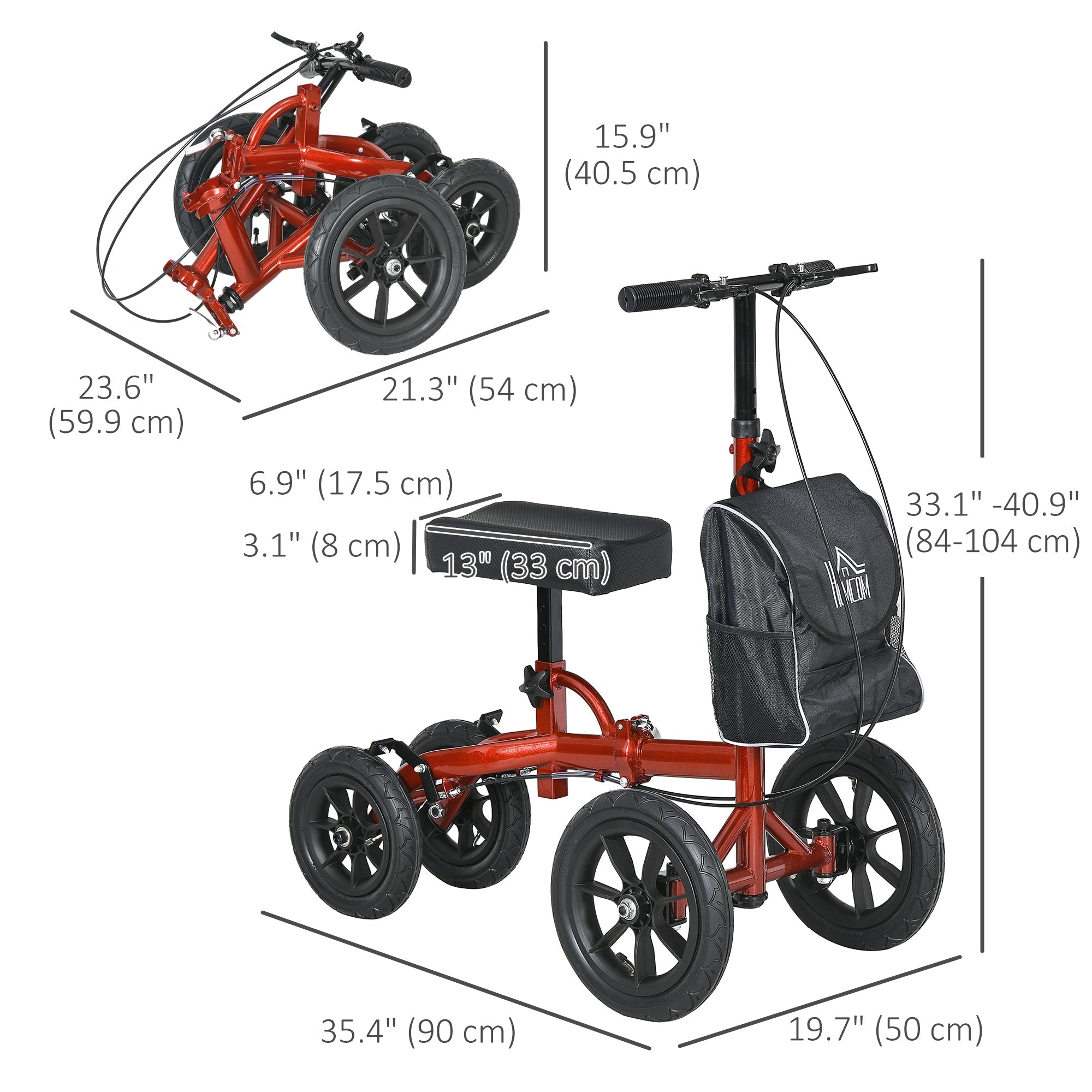 HOMCOM Adjustable Steerable Knee Walker, Foldable Knee Scooter with Rubber Wheels, Dual Brake, Crutch Alternative, Red 