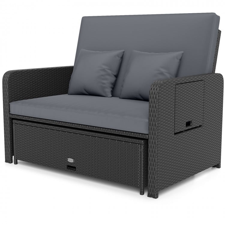 PE Wicker Outdoor Daybed with 4-Level Adjustable Backrest and Storage Ottoman-Gray