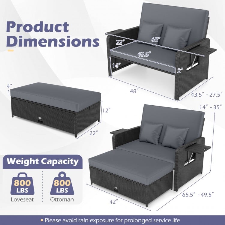 PE Wicker Outdoor Daybed with 4-Level Adjustable Backrest and Storage Ottoman-Gray