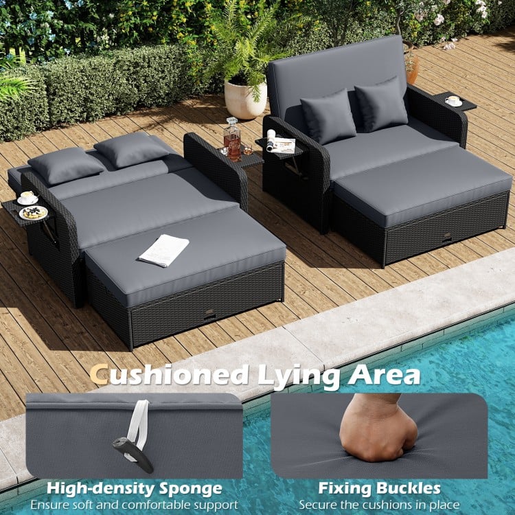 PE Wicker Outdoor Daybed with 4-Level Adjustable Backrest and Storage Ottoman-Gray