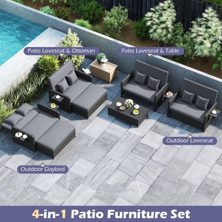 PE Wicker Outdoor Daybed with 4-Level Adjustable Backrest and Storage Ottoman-Gray