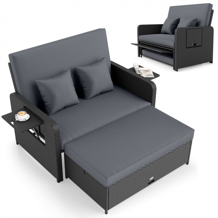 PE Wicker Outdoor Daybed with 4-Level Adjustable Backrest and Storage Ottoman-Gray