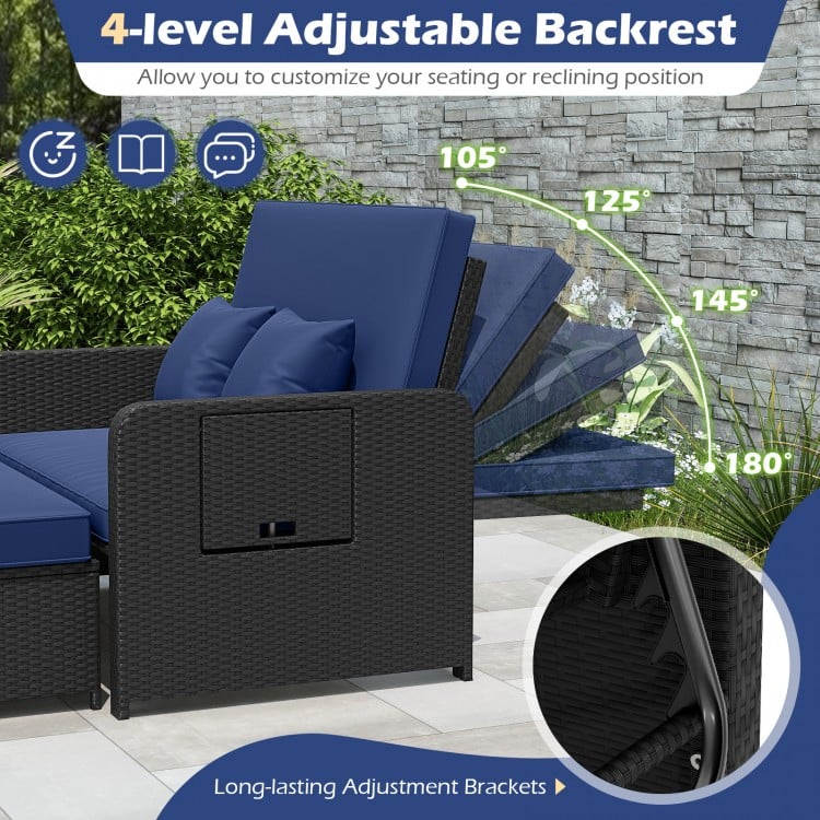 PE Wicker Outdoor Daybed with 4-Level Adjustable Backrest and Storage Ottoman-Navy