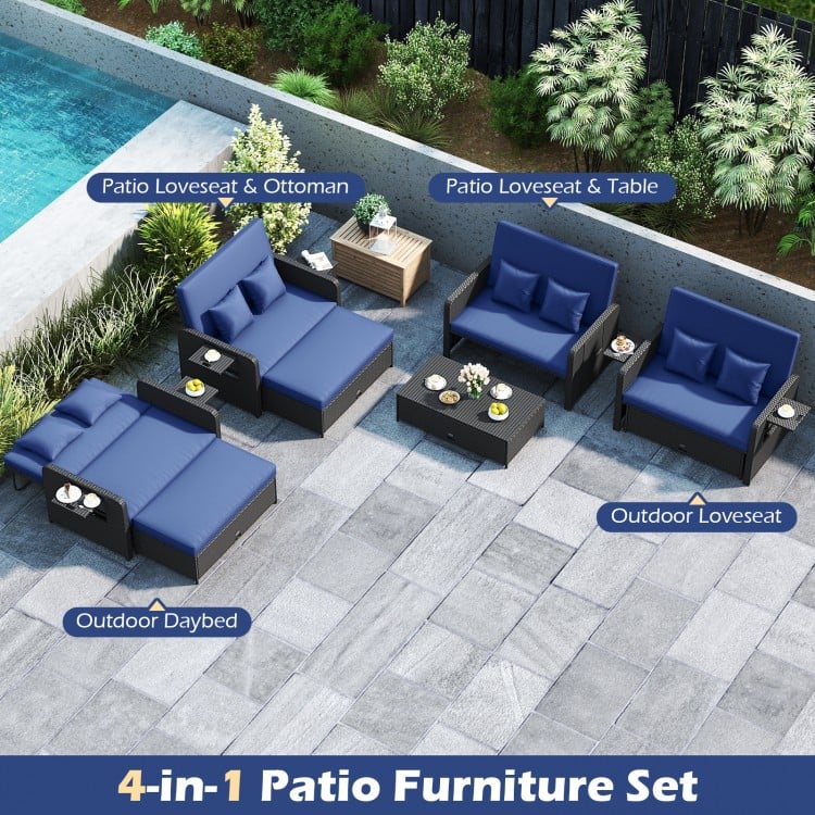 PE Wicker Outdoor Daybed with 4-Level Adjustable Backrest and Storage Ottoman-Navy