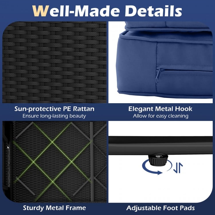 PE Wicker Outdoor Daybed with 4-Level Adjustable Backrest and Storage Ottoman-Navy