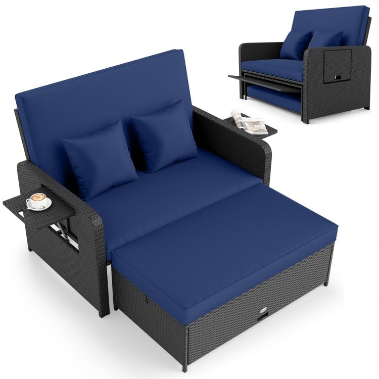 PE Wicker Outdoor Daybed with 4-Level Adjustable Backrest and Storage Ottoman-Navy