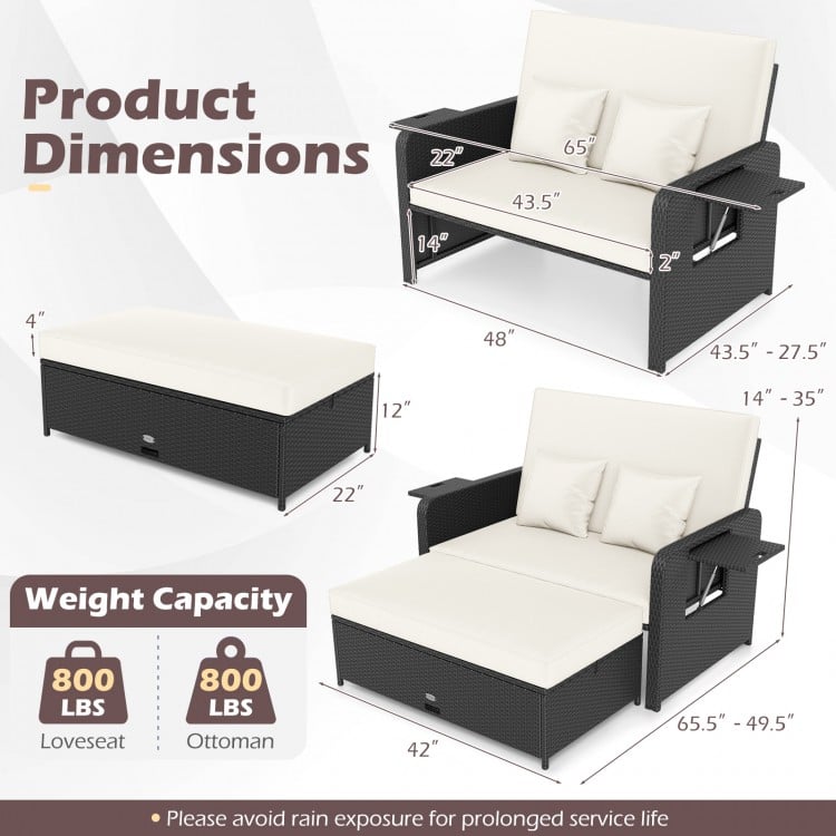 PE Wicker Outdoor Daybed with 4-Level Adjustable Backrest and Storage Ottoman-White