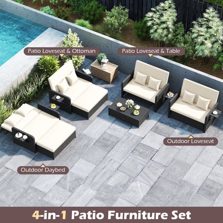PE Wicker Outdoor Daybed with 4-Level Adjustable Backrest and Storage Ottoman-White