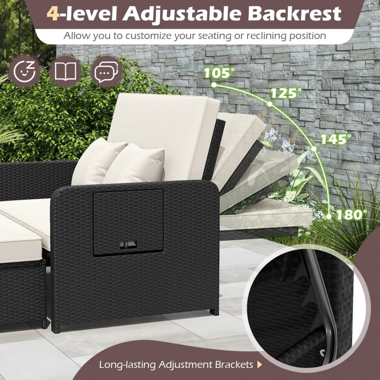 PE Wicker Outdoor Daybed with 4-Level Adjustable Backrest and Storage Ottoman-White