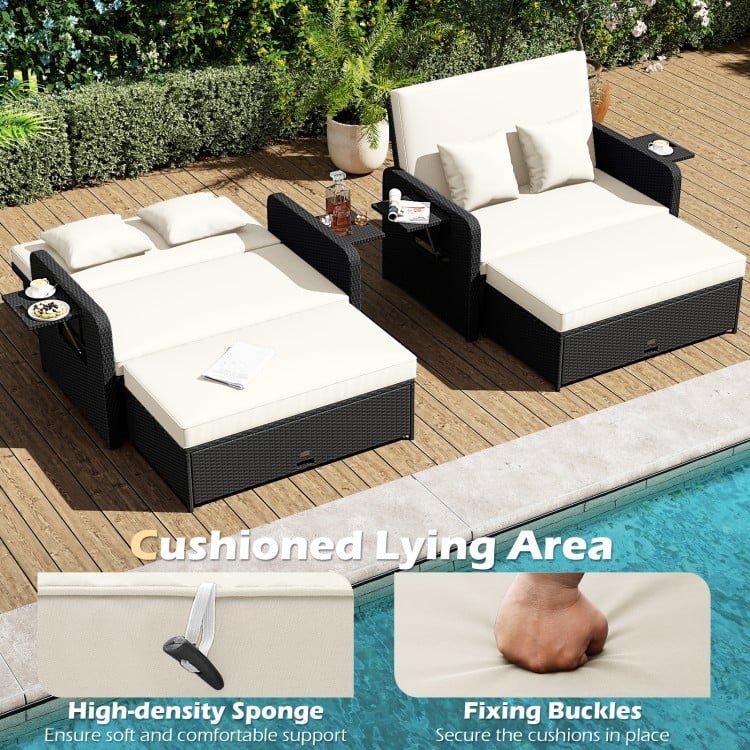 PE Wicker Outdoor Daybed with 4-Level Adjustable Backrest and Storage Ottoman-White