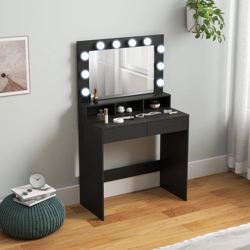 Vanity Table, Makeup Dressing Table with LED Lighting Mirror, Charging Station and Drawers for Bedroom, Black