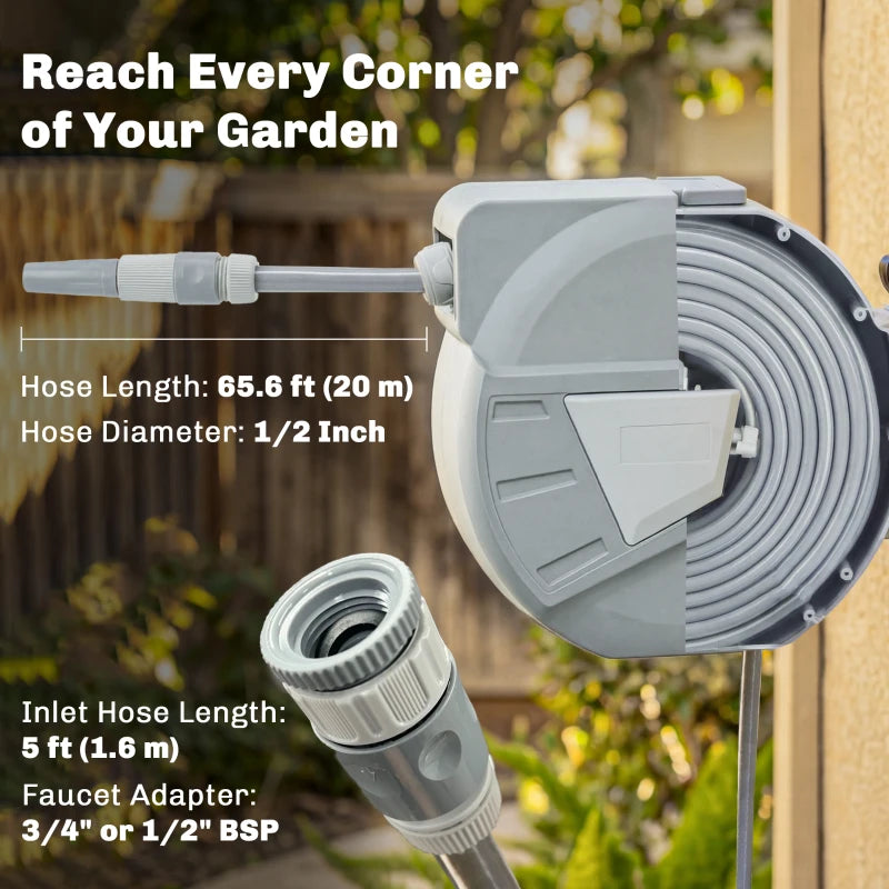 Retractable Garden Hose Reel, 1/2" x 66ft Wall Mounted Hose Reel with Auto Retraction, Self-Locking, Grey