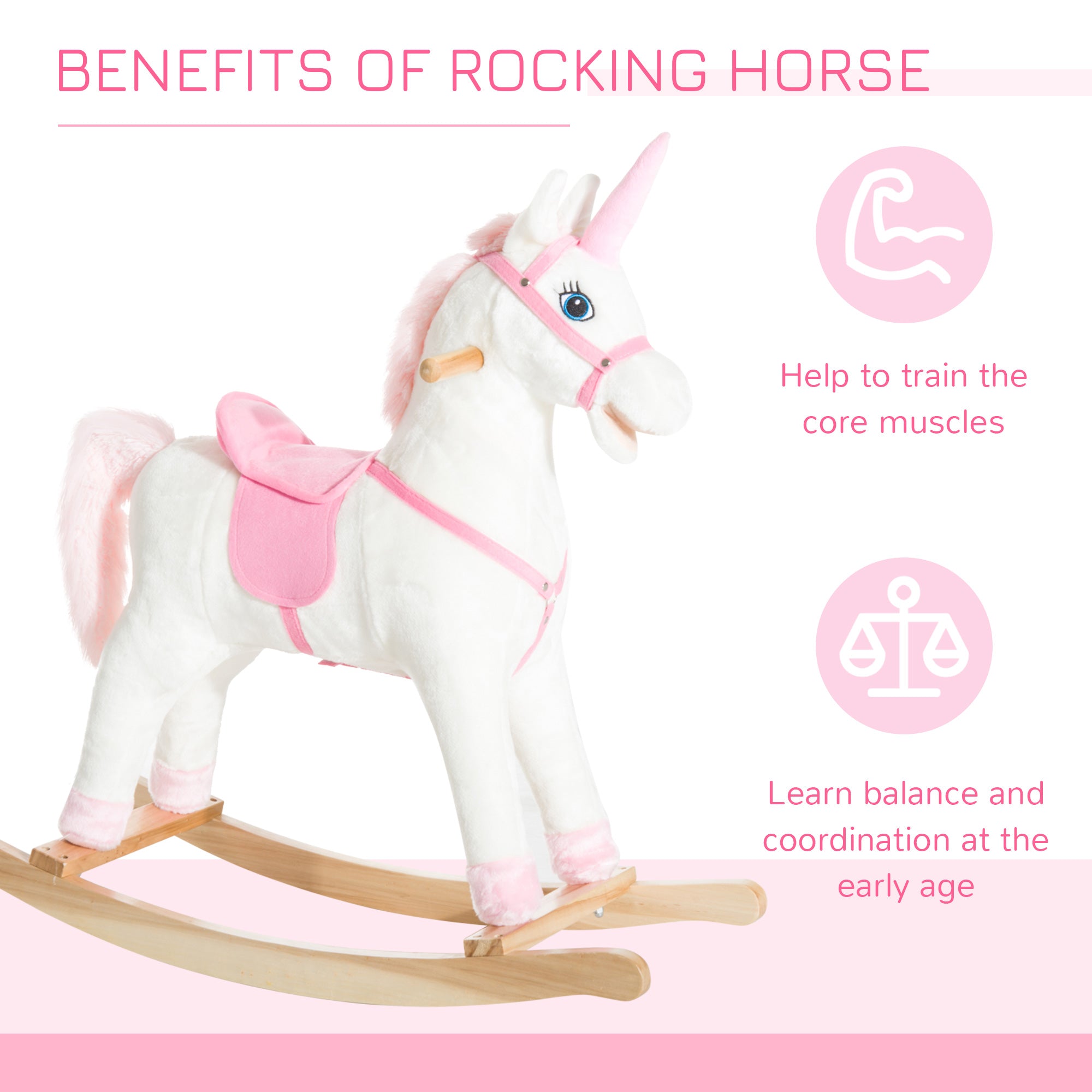 Qaba Kids Plush Toy Rocking Horse Unicorn with Realistic Sounds, White & Pink 