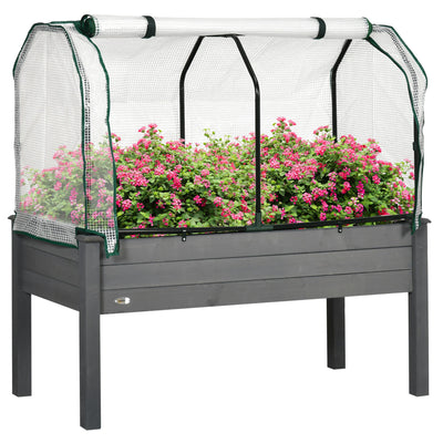 Outsunny Elevated Wooden Planter Box with PE Greenhouse Cover Raised Garden Bed for Vegetables Herbs Dark Grey 