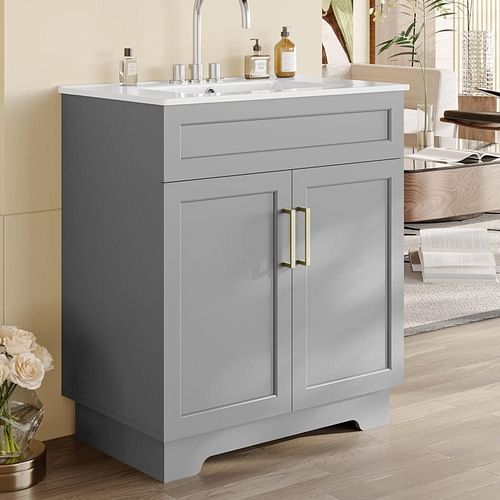 Modern 30-inch Gray Wood Finish Bathroom Vanity with White Ceramic Sink - Free Shipping