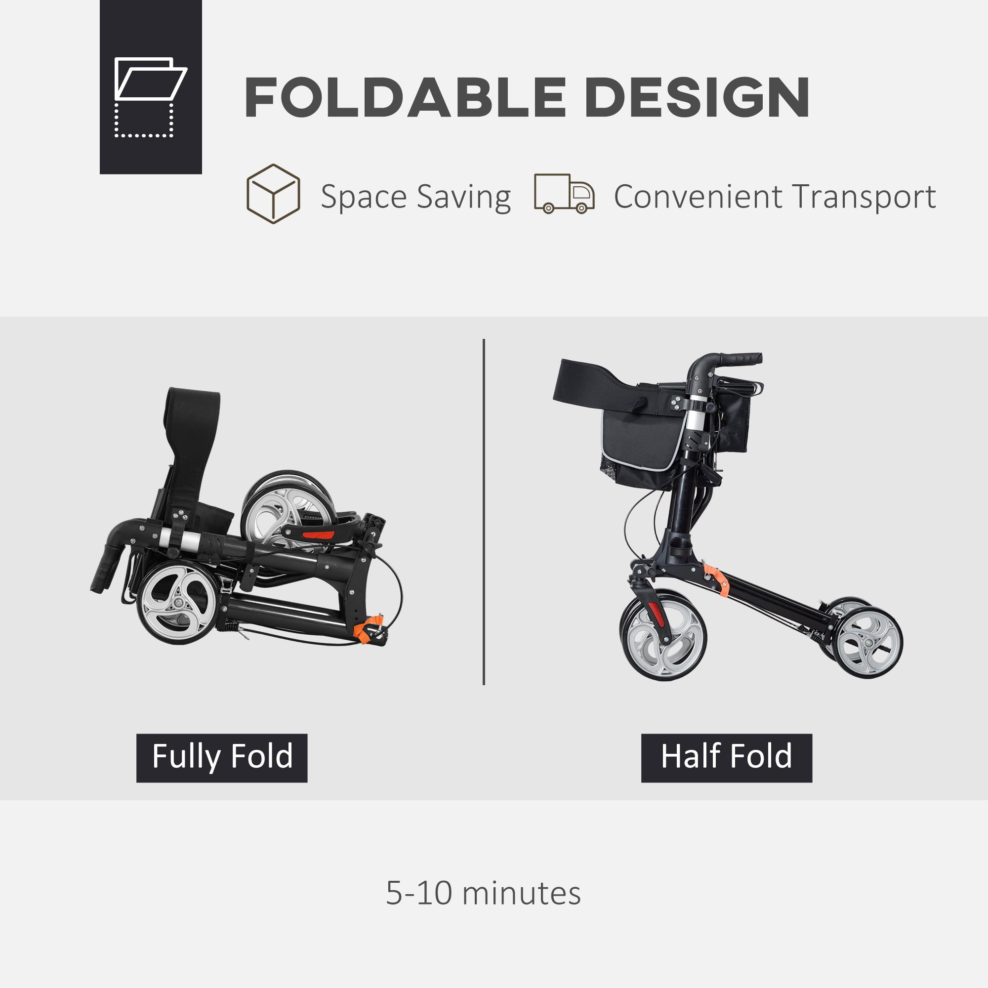 HOMCOM Lightweight Folding Rolling Walker with Large Seat, Back, Adjustable Handle, Bag, Dual Brake, Cane Holder, Black 