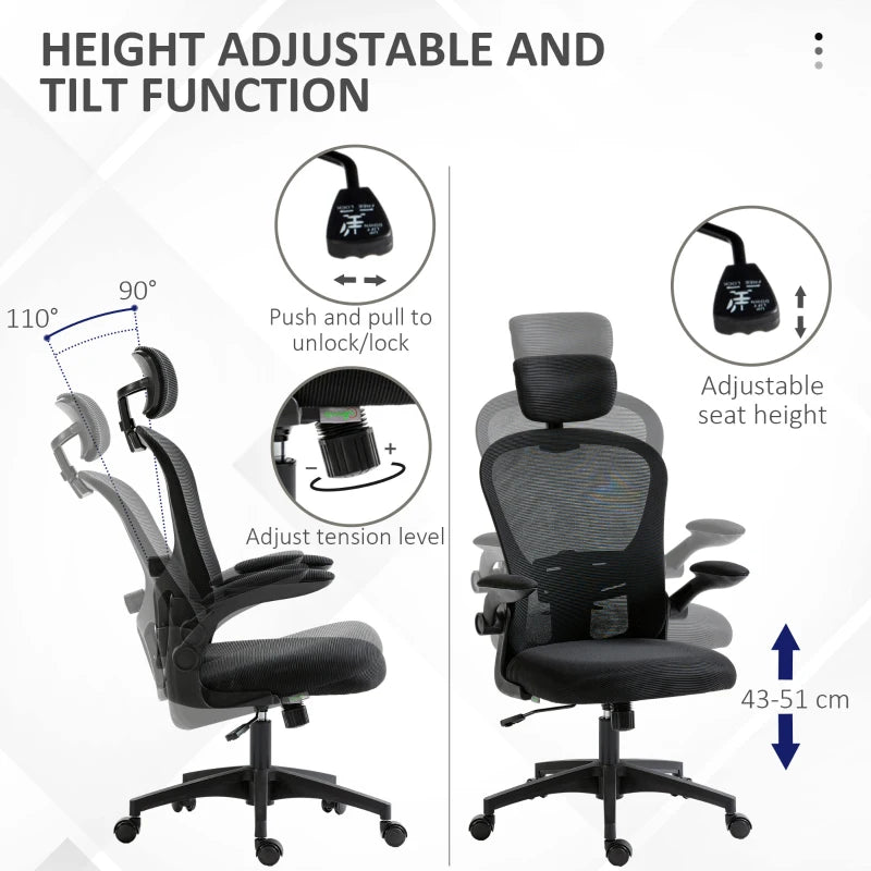 Office Chair, Mesh Computer Desk Chair with Adjustable Headrest, 4D Lumbar Support, Flip-up Arm, Black