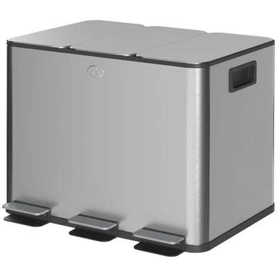 HOMCOM Triple Garbage Bin, Soft-Close Trash Can with Foot Pedal, 3 x 20 Liter Garbage Can with Removable Inner Buckets, Silver 