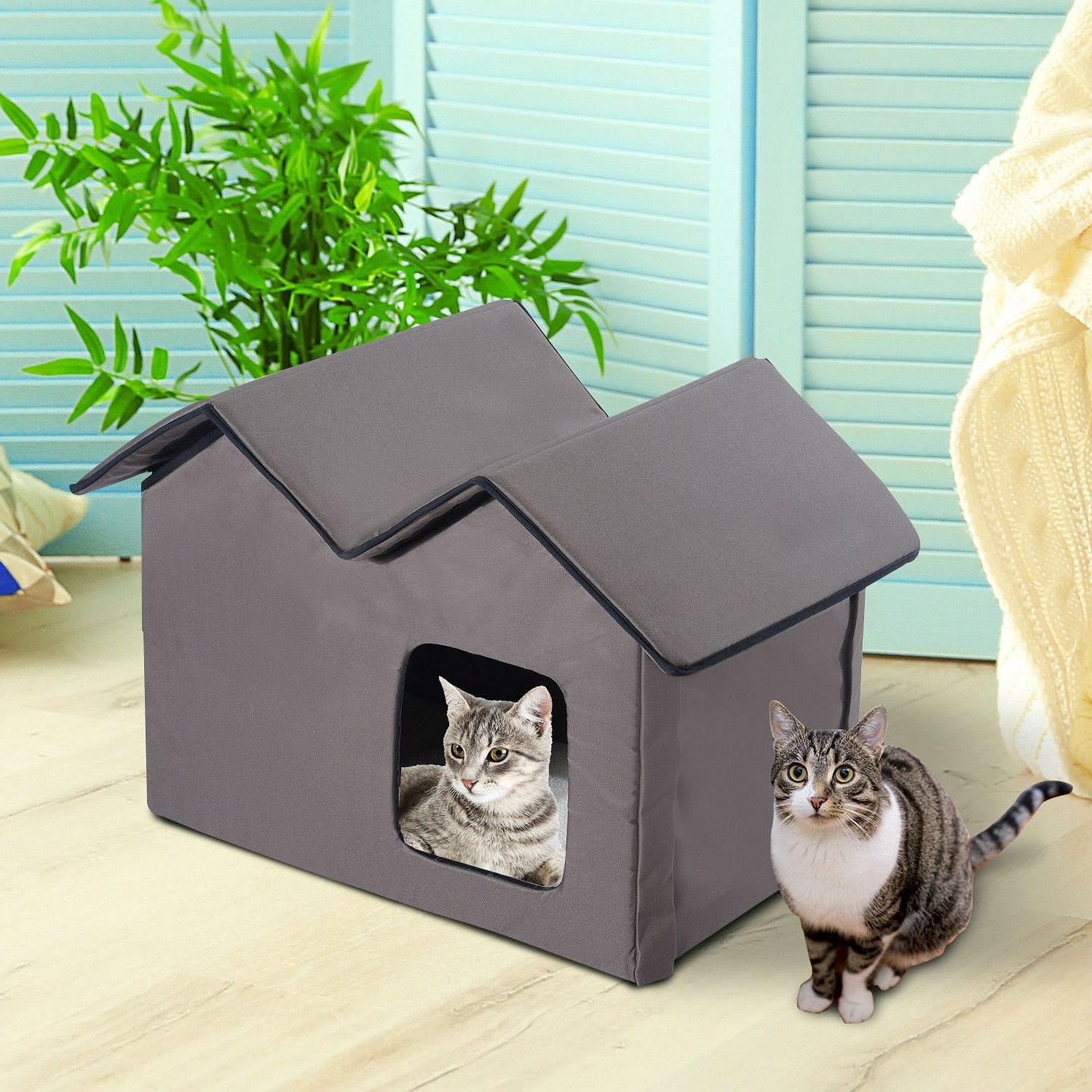 Heated Water-proof Double Wide Outdoor Cat Dog House Foldable Brown - Free Shipping 