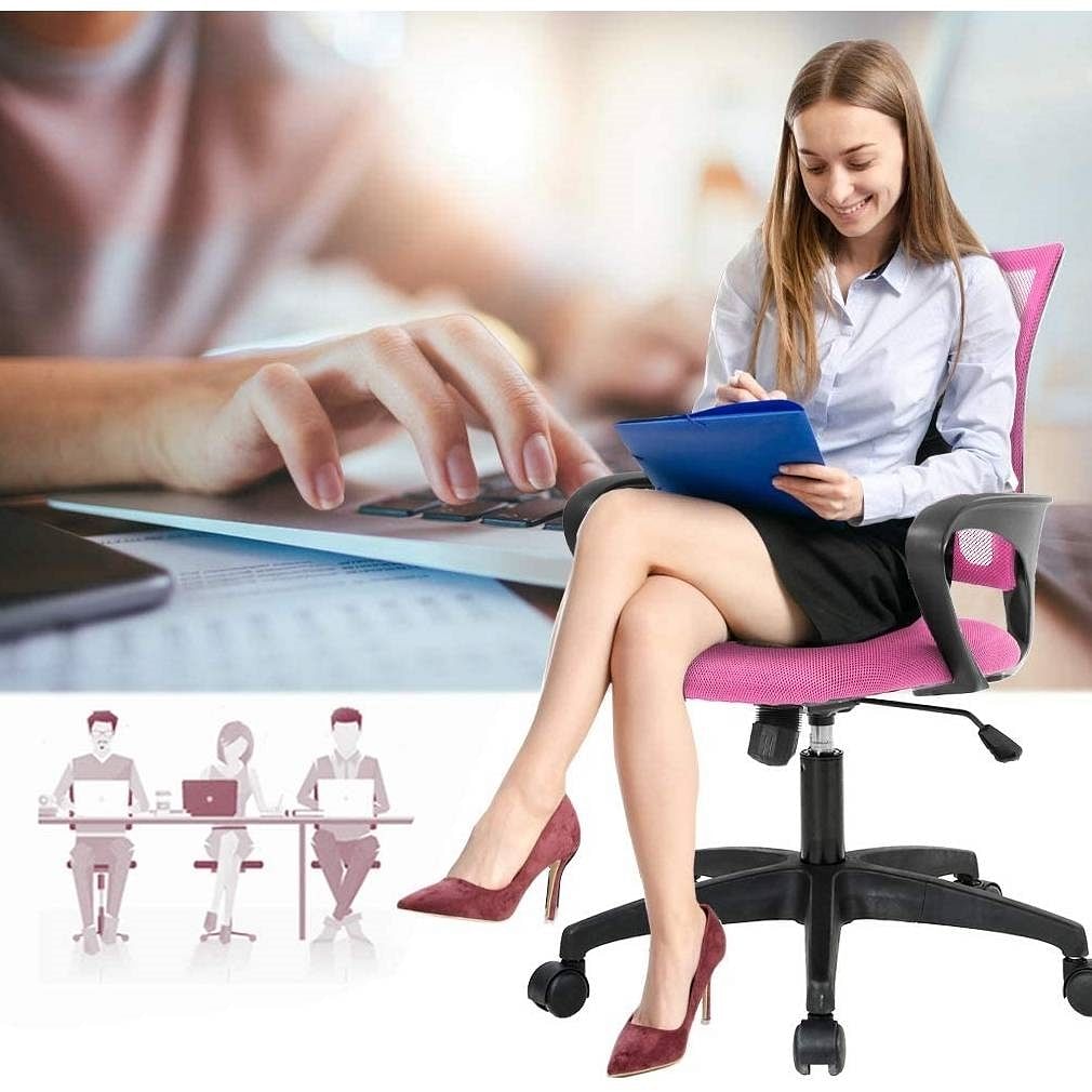 Pink Modern Mid-Back Ergonomic Mesh Office Desk Chair with Armrest on Wheels - Free Shipping 
