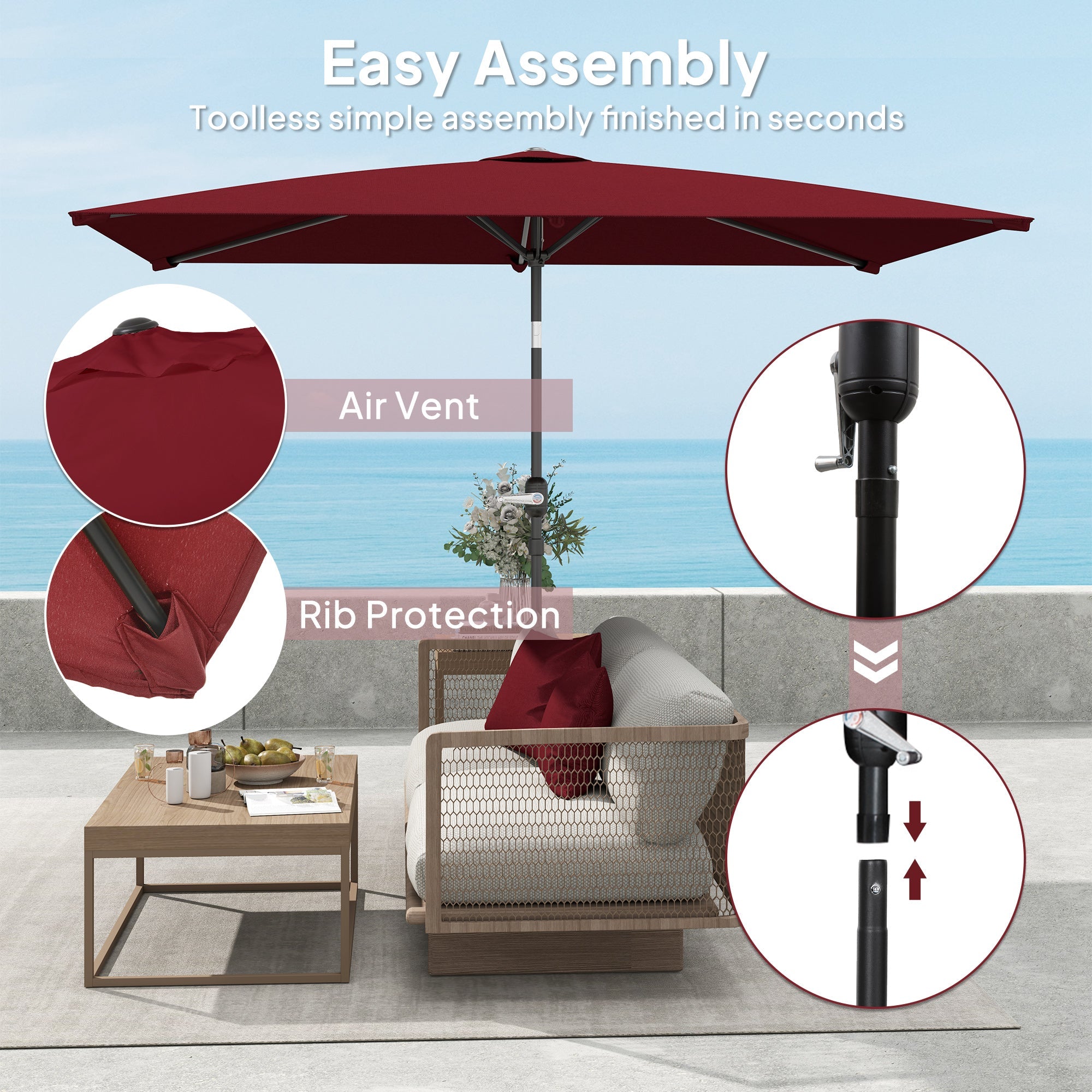 Outsunny 6.6x9.6ft Rectangle Aluminum Tilt Patio Umbrella, Garden Market Parasol, Outdoor Sunshade Canopy with Crank, Wine Red 