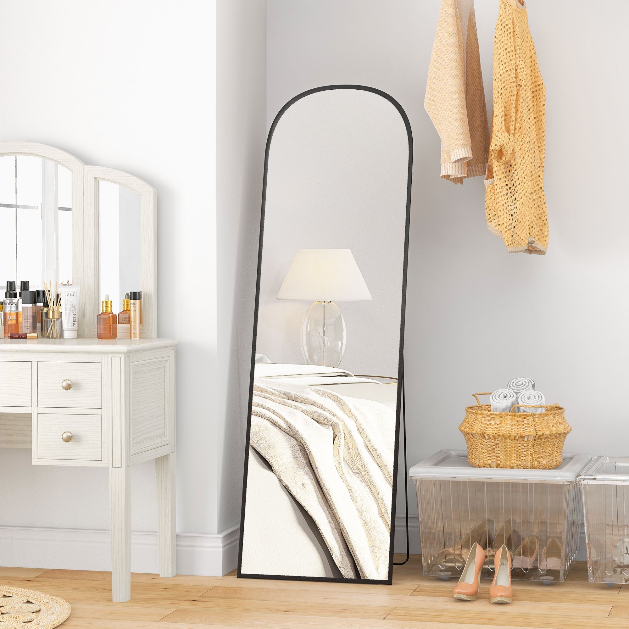 HOMCOM Elegant Arched Standing Mirror 64"x20" Full-Length Versatile Free Standing or Wall Mounted Living Room & Bedroom Black 
