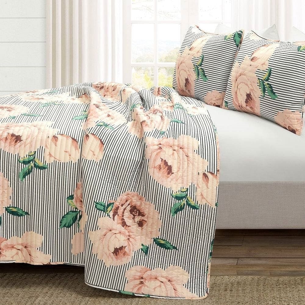 Full/Queen Size Polyester Black White Striped Rose Floral 3 Piece Quilt Set - Free Shipping