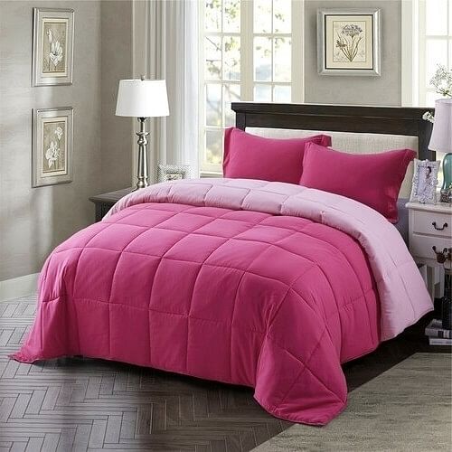 Full/Queen Traditional Microfiber Reversible 3 Piece Comforter Set in Pink - Free Shipping