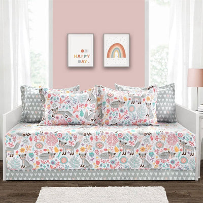 Pink Teal Orange Grey 6 Piece Floral Foxes Daybed Cover Bedding Set - Free Shipping 