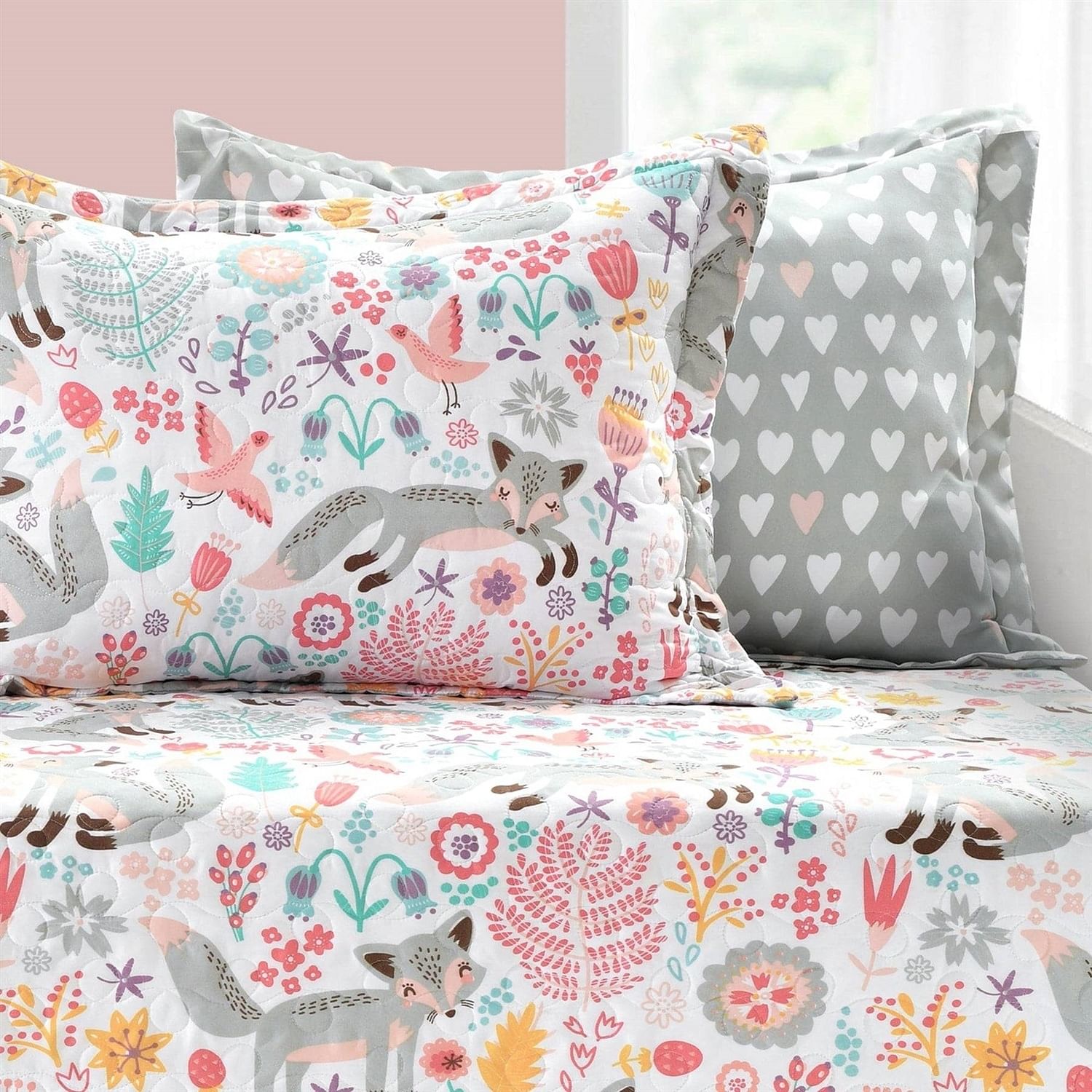 Pink Teal Orange Grey 6 Piece Floral Foxes Daybed Cover Bedding Set - Free Shipping