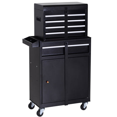 DURHAND Rolling Tool Cabinet 2 in 1 Top Chest Storage Box 5 Drawers with Pegboard and Adjustable Shelf, Black 