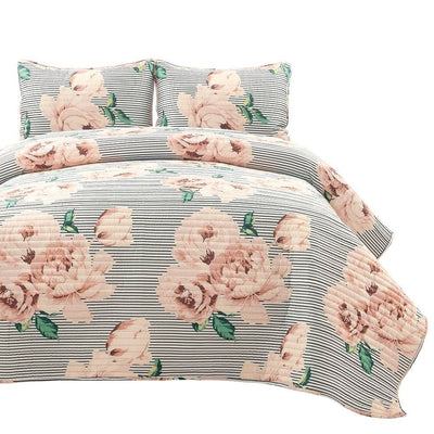 King Size Polyester Black White Striped Rose Floral 3 Piece Quilt Set - Free Shipping 