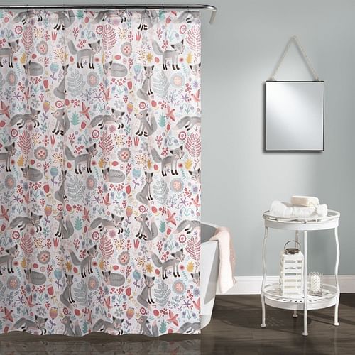 72-inch Pink Grey Teal Floral Fox Birds Polyester Shower Curtain - Free Shipping