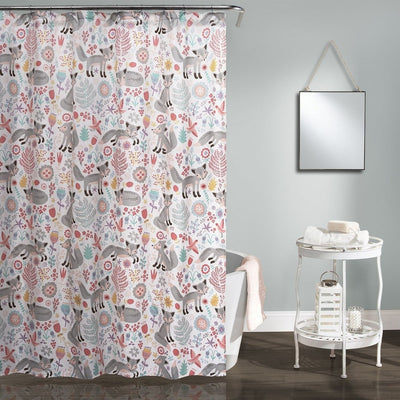 72-inch Pink Grey Teal Floral Fox Birds Polyester Shower Curtain - Free Shipping 