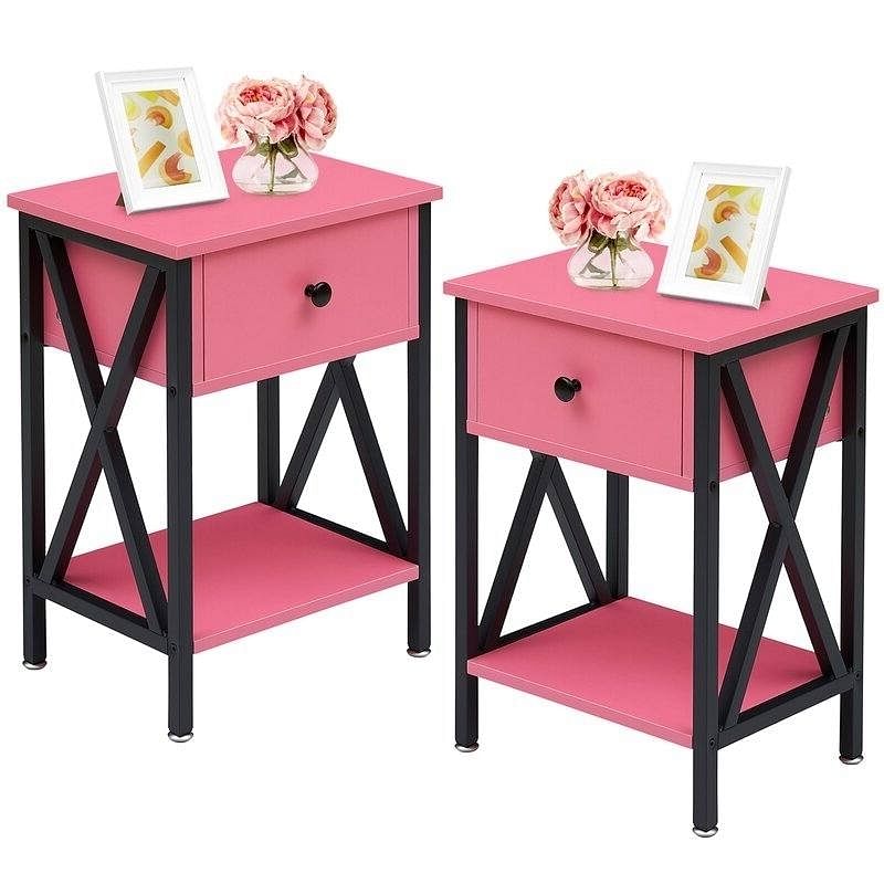 Set of 2 - 1-Drawer Nightstand Bedside Table in Pink and Black - Free Shipping 