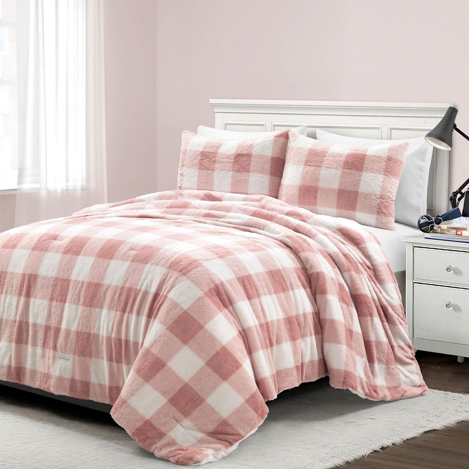 Twin Size Plaid Soft Faux Fur Comforter Set in Pink Blush - Free Shipping