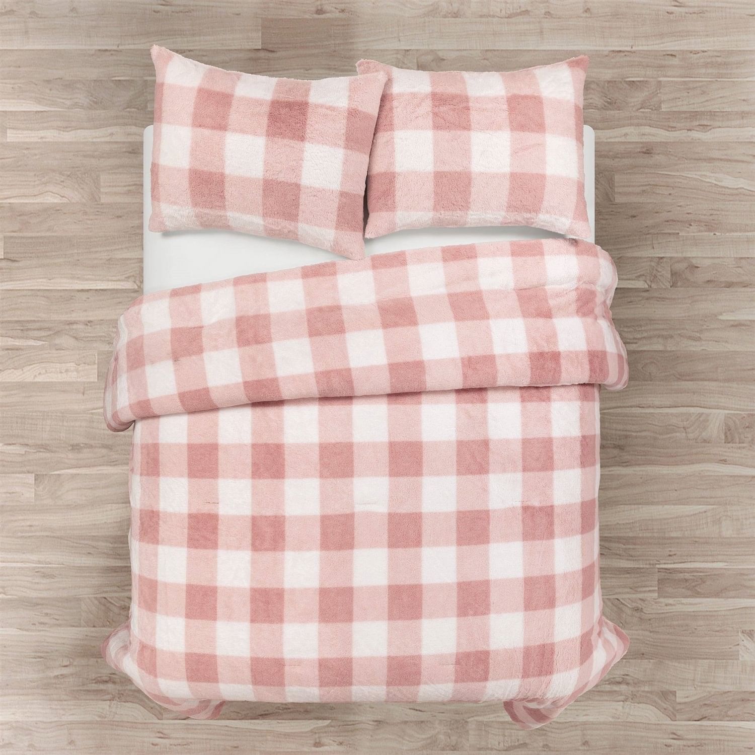 Twin Size Plaid Soft Faux Fur Comforter Set in Pink Blush - Free Shipping