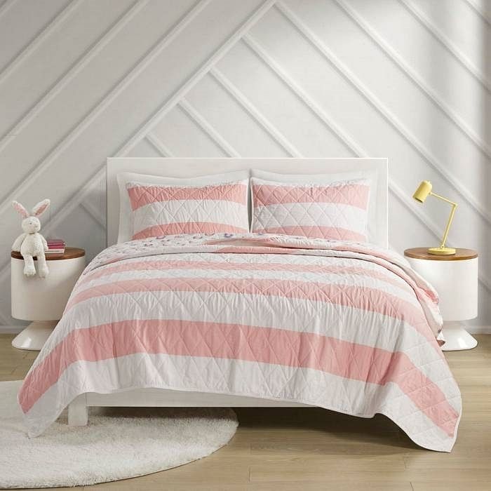 Twin Size 2 Piece Pink White Stripes Reversible Rainbows Cotton Quilt Set - Free Shipping 