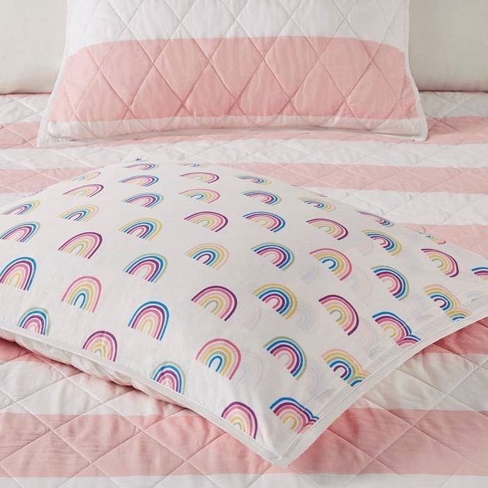 Twin Size 2 Piece Pink White Stripes Reversible Rainbows Cotton Quilt Set - Free Shipping