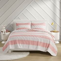 Twin Size 2 Piece Pink White Stripes Reversible Rainbows Cotton Quilt Set - Free Shipping