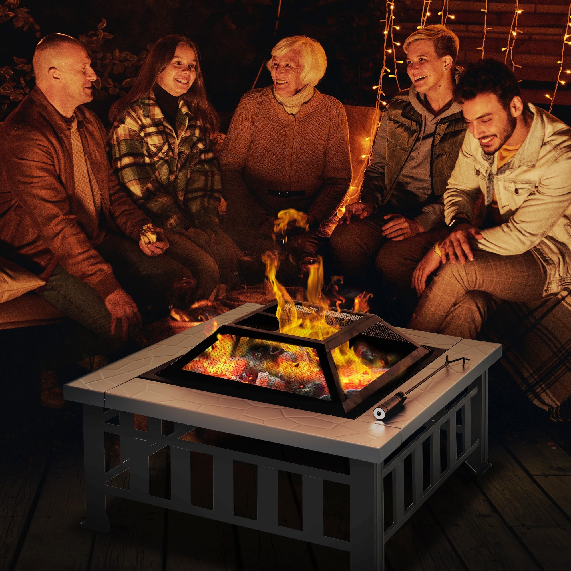 Outsunny Outdoor Square Fire Pit 33.75" Steel Stove with Spark Screen, Log Grate, Poker, Rain Cover for Wood Burning in Backyard 