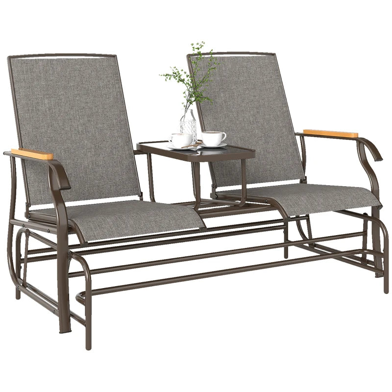 Outdoor 2-Person Glider Bench, Outside Swing Glider Chair Loveseat with Breathable Mesh, Table, Steel Frame