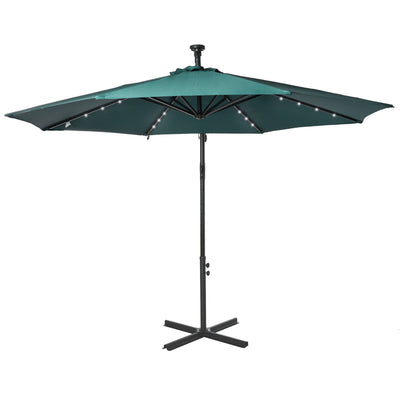 Outsunny 10ft Solar LED Cantilever Umbrella: Outdoor Banana Parasol with Lights & Adjustable Angle for Backyard, Dark Green 