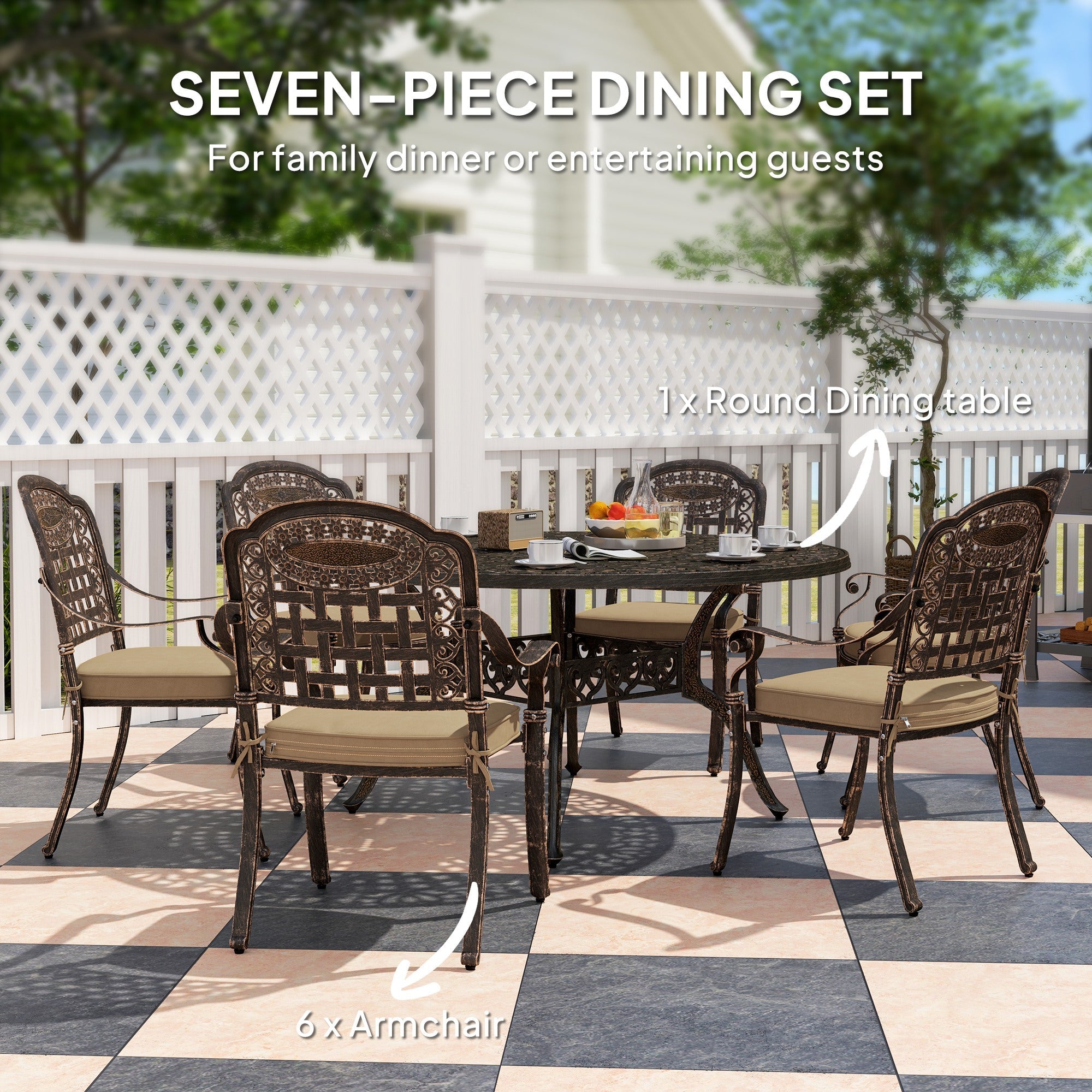 Outsunny 7 Pieces Outdoor Dining Set for 6, Aluminum Patio Table and Chairs Furniture Set with Umbrella Hole, Cushions, Bronze 
