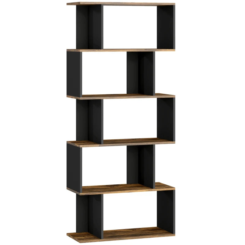 5-Tier Bookshelf, Geometric S Shaped Bookcase, Tall Narrow Display Shelf for for Living Room, Study Room, Rustic Brown