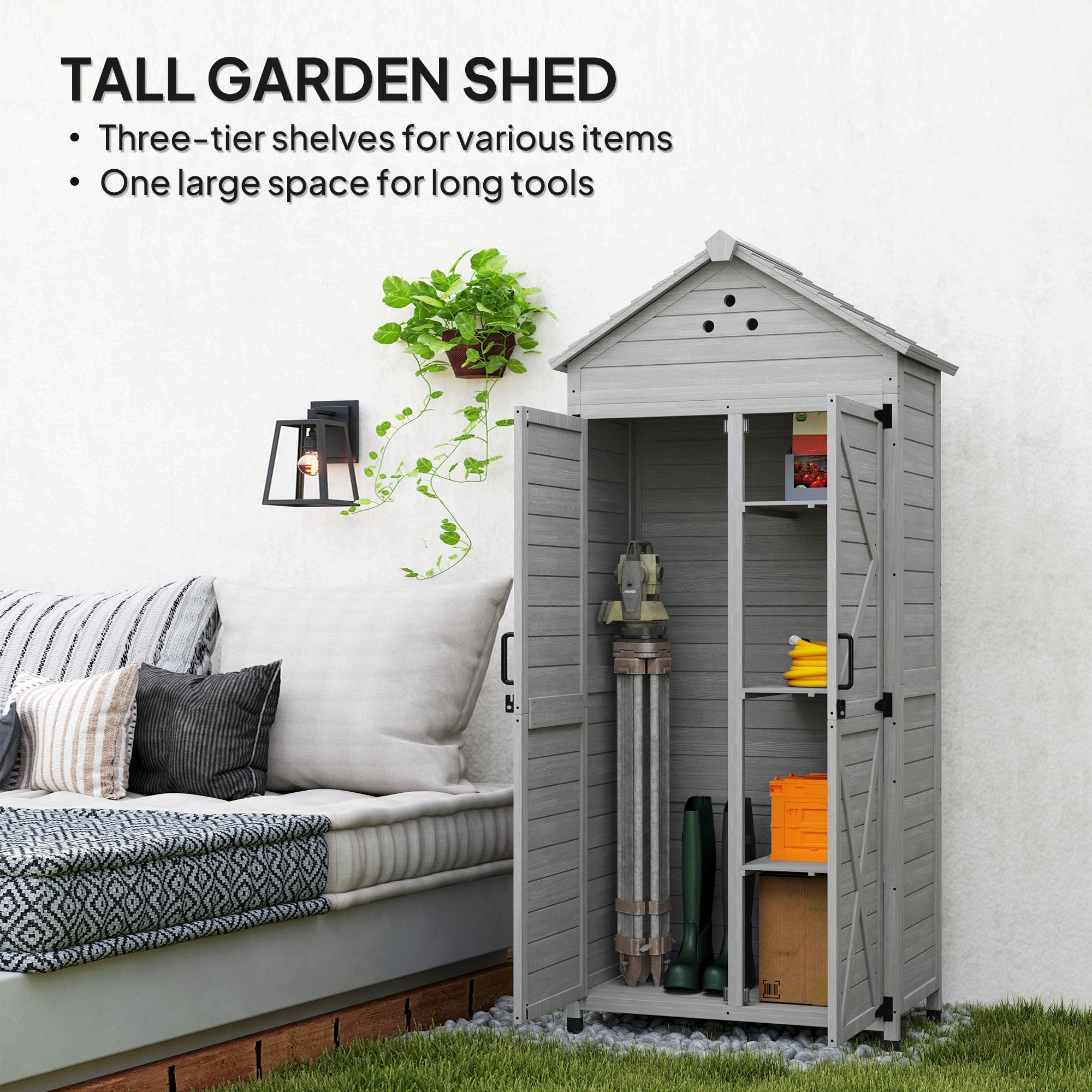Outsunny 2-in-1 Outdoor Storage Cabinet, Wood Garden Shed with Shelves, Vent Holes, Foot Caps for Backyard, Patio, Lawn 