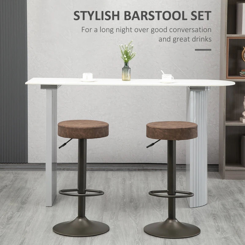 Modern Adjustable Bar Stools Set of 2, Swivel Barstool with Footrest, PU Leather Round Top for Kitchen, Brown