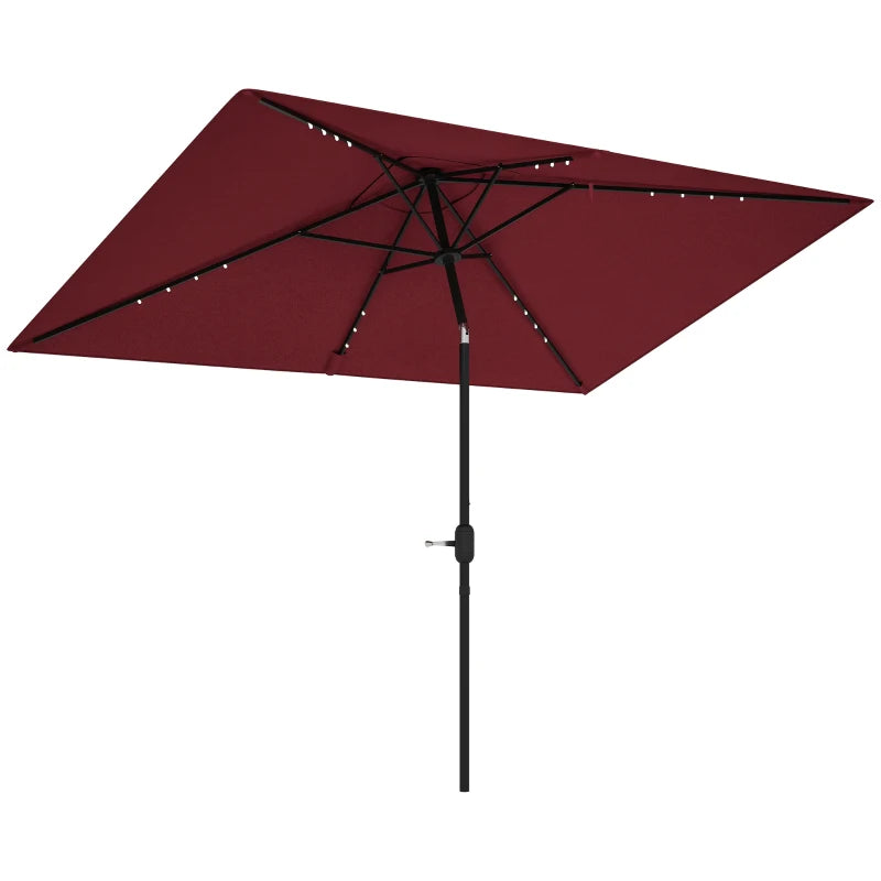 6' x 10' Patio Umbrella with 22 LED Solar Lights and Tilt, Rectangular Outdoor Table Umbrella with Crank, Wine Red