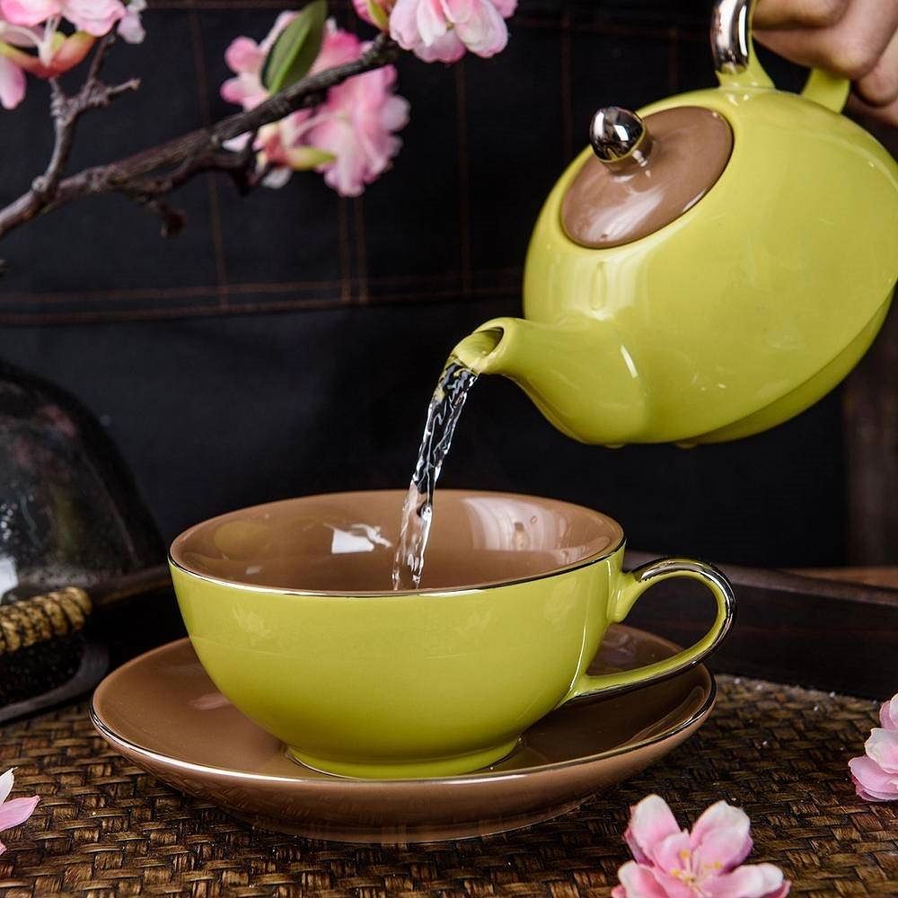 Green Yellow Porcelain Ceramic Teapot Cup Set Dishwasher and Microwave Safe - Free Shipping 