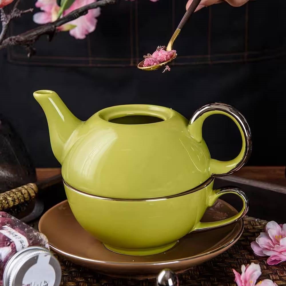 Green Yellow Porcelain Ceramic Teapot Cup Set Dishwasher and Microwave Safe - Free Shipping 